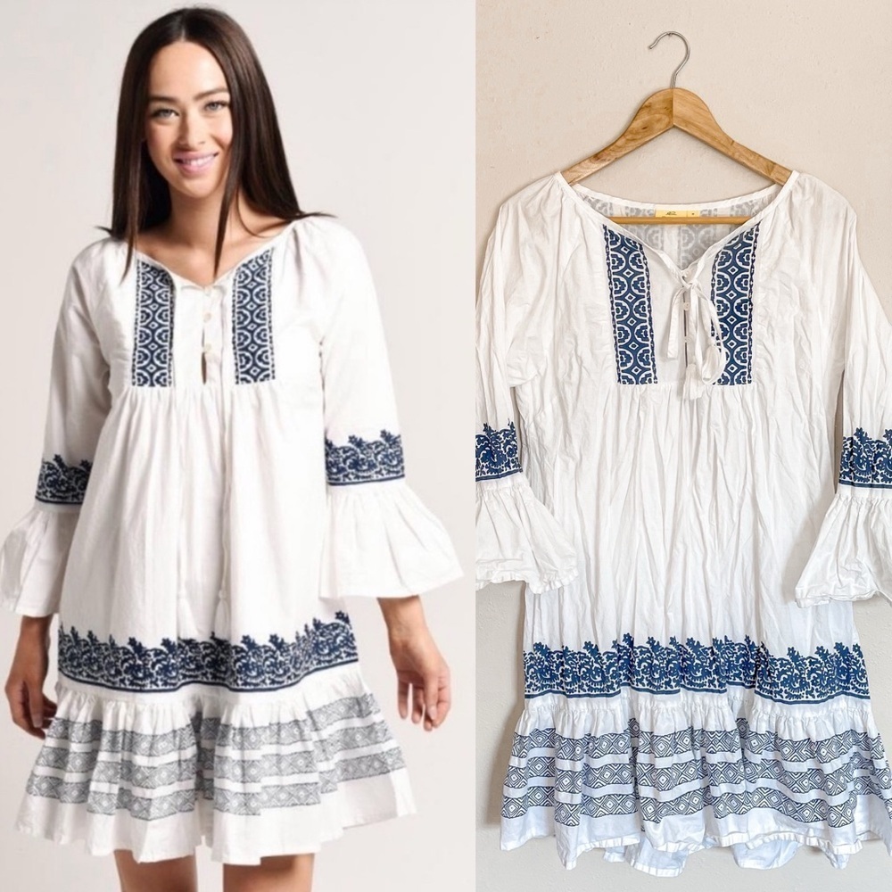 Roller Rabbit | Mona Border Maricruz Cotton White & Blue Peasant Dress - Picture 12 of 13
